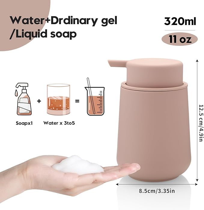 Matte Pink Foaming Hand Soap Dispenser Plastic 11 oz - Modern Minimalist Style for Bathroom & Kitchen Countertop Refillable