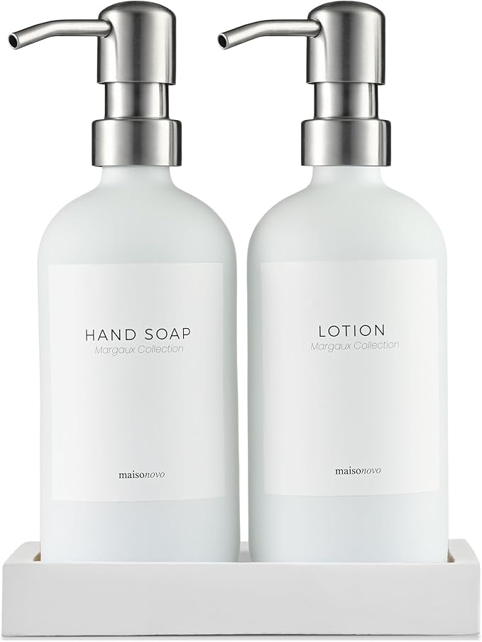 MaisoNovo Soap Dispenser 3-Piece Set | 16.9oz White Bottles with Silver Stainless Steel Pumps