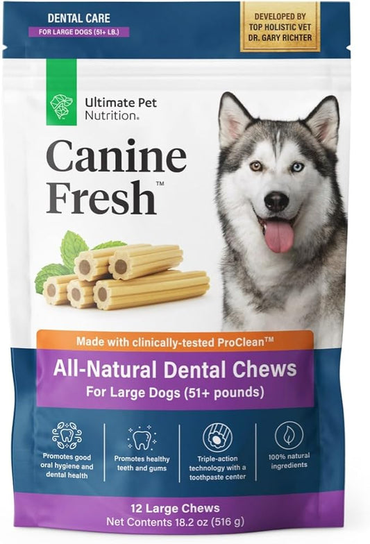 ULTIMATE PET NUTRITION Canine Fresh Dental Chews, Dental Dog Treats, Oral Care and Hygiene Sticks, Soothes Gums, Vet Developed, 12 Chews (Large)
