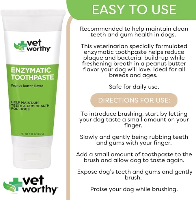 Vet Worthy Peanut Butter Enzymatic Toothpaste for Dogs - For Clean, Healthy Teeth and Gums - Freshen Dogs Breath - Peanut Butter Flavor - Made in the USA - Start Your Dog’s Dental Routine Today - 3oz