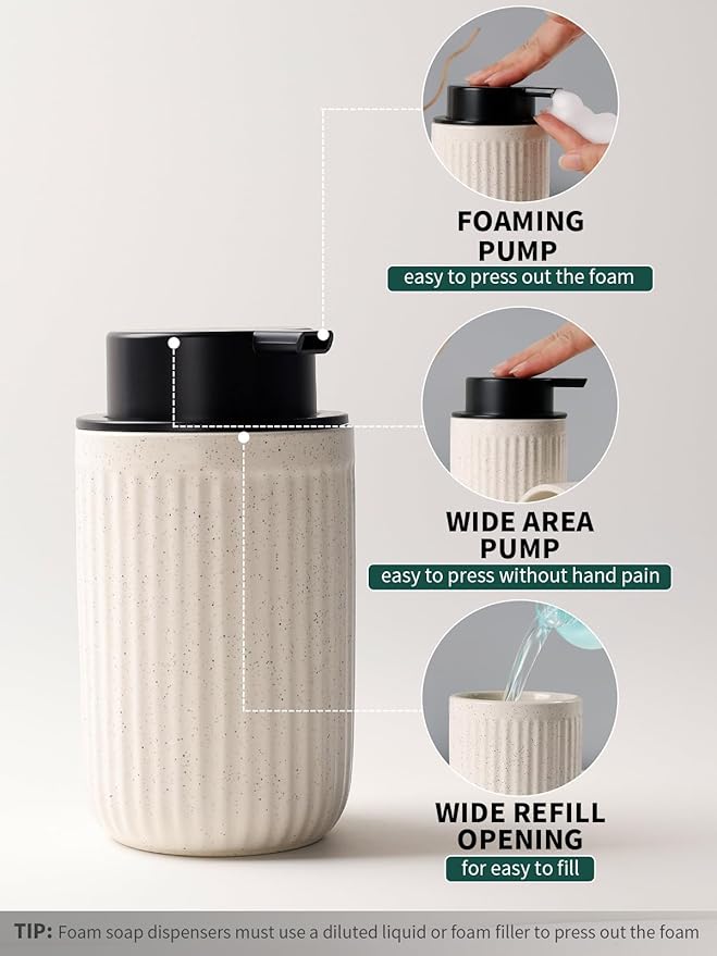 Bosilunlife Soap Dispenser and Toothbrush Holder Set - 11Oz Foam Soap Dispenser Pump Ceramic Bathroom Counter Soap Toothbrush Holder Set Beige Bathroom Accessories Set