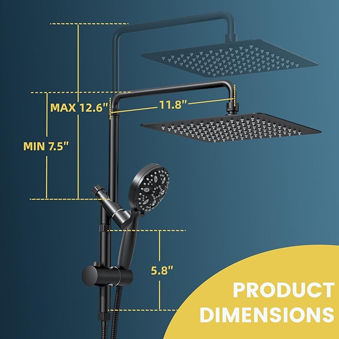 12 Inch Rain Shower Head with 8-Setting Handheld Spray Combo,Black Shower heads with Height Adjustable Shower Arm, Slide Bar with Holder, Stainless Steel Hose