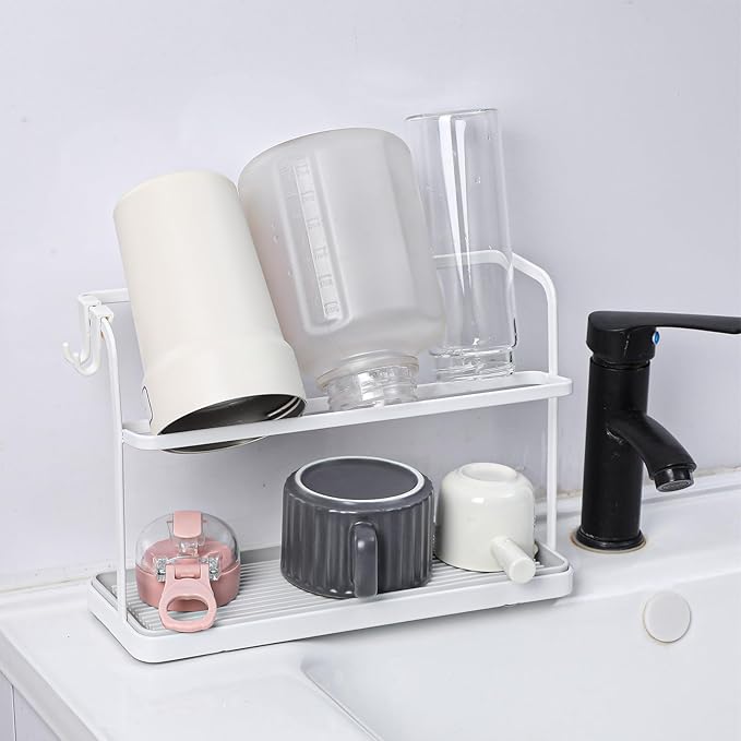 2 Pack Water Bottle Drying Rack with 2 Tier Holder – Space-Saving, Rust-Proof, Cup & Tumbler Organizer with Drain Tray & 2pcs Side Hooks for Kitchen Countertop (White, Carbon Steel)