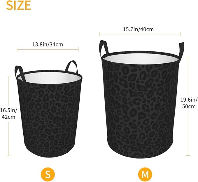 Black Leopard Print Laundry Hamper Bag With Waterproof Liner - Round Laundry Basket Foldable Clothes Storage Organizer For Bathroom Bedroom Nursery Dorm, M-19.6"X 15.7"
