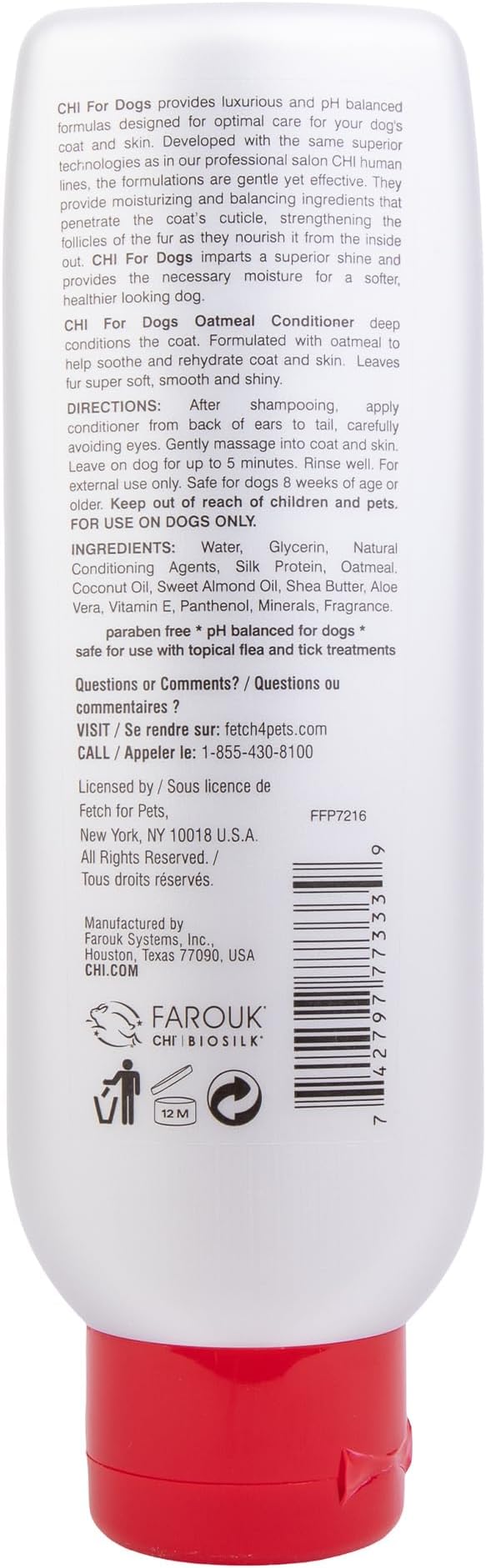 CHI for Dogs Oatmeal Conditioner - Best Moisturizing Formula for Dry Skin - Dog Conditioner with Soothing Ingredients - Paraben and Sulfate Free - pH Balanced - Made in USA, 6 Fl Oz