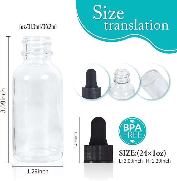 1 oz Dropper Bottle 24 Pack Clear Glass Boston Bottles 30ml with Eye Droppers Black Caps for Essential Oils, Perfume, Leak Proof Travel Bottles for Liquids