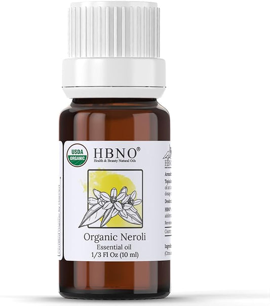 HBNO Organic Neroli Essential Oil- 1/3 oz (10ml) Size - Ideal for Diffusers, Cleaning Agents, Skincare, and Haircare.