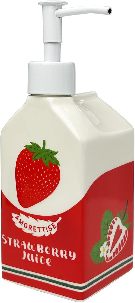 Ceramic Strawberry Juice Bottle Soap Dispenser, Refillable Lotion Bottle for Bathroom Kitchen Dish Soap (Strawberry)