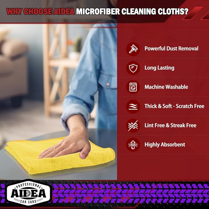 AIDEA Microfiber Cleaning Cloth, 10PK, Microfiber Towels for Cars, Premium All Purpose Car Cloths, Dusting Cloth Cleaning Rags, Absorbent Towels for SUVs, House, Kitchen, Window, 12"×12", Yellow