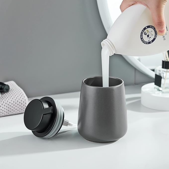 12Oz Grey Hand Soap Dispenser - Modern Ceramic Lotion Soap Dispenser with Easy-to-Press Black Pump, Reusable and Refillable Liquid Soap Dispenser for Bathroom, Dish Soap Dispenser for Kitchen