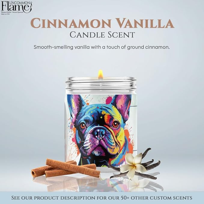 100% Handmade Non-toxic Soy Wax Candle, Warm Sweet Scent, 120hr Burn, Soot Free, Cotton Wick, 16 oz - Gift for Dog Moms & Dads, French Bulldog Lovers (Frenchie, Cinnamon Vanilla)