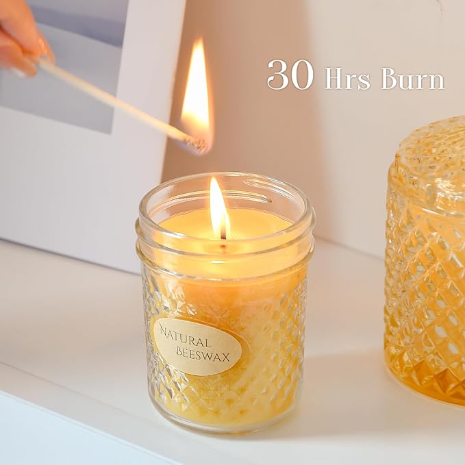 DEYBBY 5oz Beeswax Jar Candle - Natural Beeswax Gift,30 Hrs Burn - Handpour Candle for Dinner Home Spa Decor