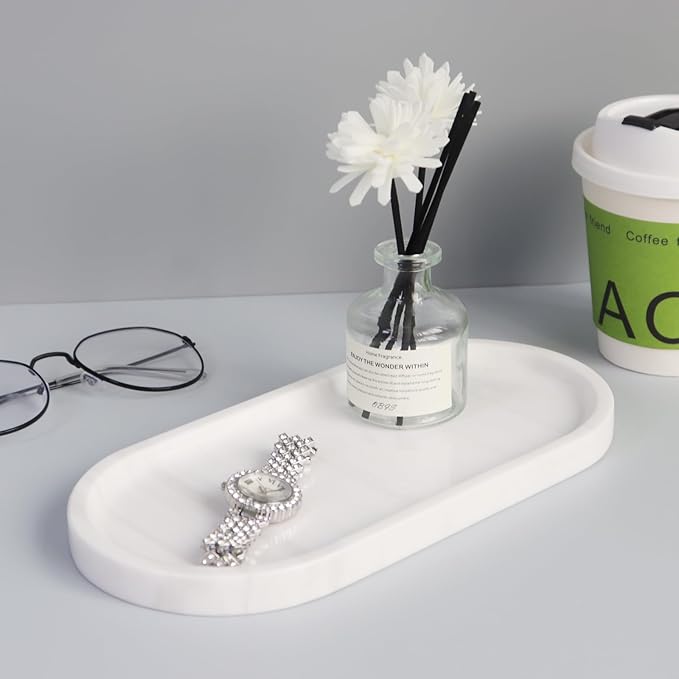 Natural Marble Tray, Oval Vanity Decorative Tray for Bathroom Counter, Countertop Stone Organizer, Catchall Tray for Kitchen, Perfume, Candles, Jewelry Dish Decorative Tray