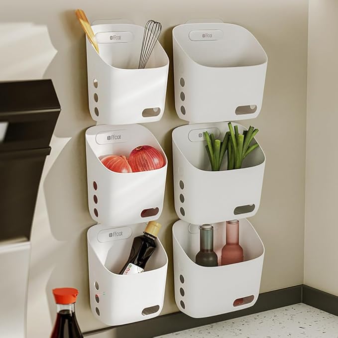 LeleCAT Plastic Hanging Basket Kitchen Storage organizer, Basket with Detachable hook, Hang it behind a door or on a railing, Over the Cabinet Door (Light White, Small) 2pack