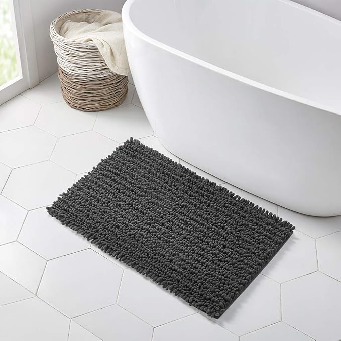 Walensee Bathroom Rug Non Slip Bath Mat (36x24 Inch Dark Grey) Water Absorbent Super Soft Shaggy Chenille Machine Washable Dry Extra Thick Perfect Absorbant Best Large Plush Carpet for Shower Floor