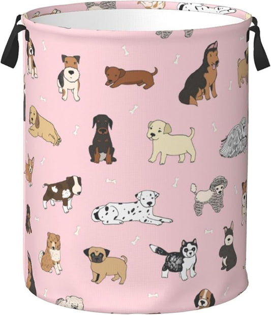 Cute Dogs Pink Laundry Hamper Bag With Waterproof Liner - Round Laundry Basket Foldable Clothes Storage Organizer For Bathroom Bedroom Nursery Dorm, S-16.5"X 13.8"