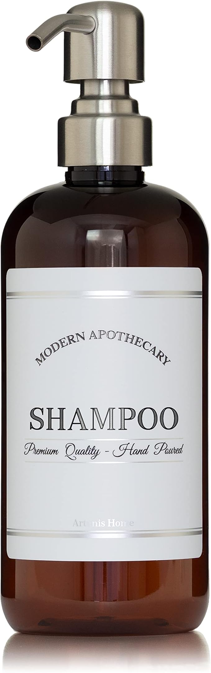 Amber PET Plastic Refillable Shampoo Pump Bottle Dispenser with 304 Grade Stainless Steel Pump, 16 oz Bathroom Bottle with Chrome Accent Waterproof Modern Apothecary Labels, Reusable Shower Container