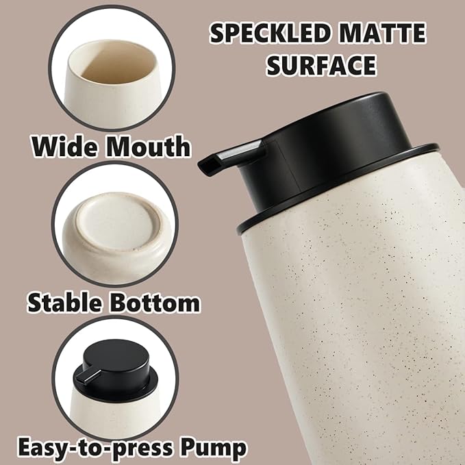 12Oz Beige Soap Dispenser Set - Ceramic Speckled Lotion Hand Soap Dispenser Set with Easy-to-Press Black Pump, Refillable Mordern Liquid Dish Soap Dispensers for Bathroom & Kitchen, 2 Pack