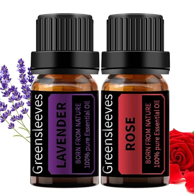 GREENSLEEVES Rose Lavender Essential Oil Set, 2 x 10ml Pure Plant-Based Fragrance Oil for Aromatherapy, Essential Oils for Diffuser, Massage, Bath Bomb, Scented Candle Soap Making