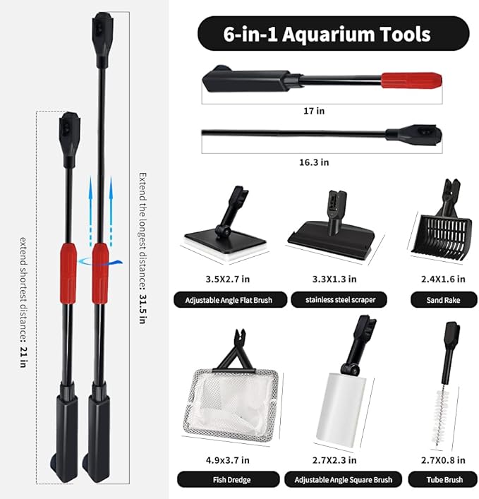 Fish Tank Cleaning Tools, 6 in 1 Aquarium Cleaning Tools, Fish Tank Cleaner with Adjustable Long Telescopic Handle,Multifunction Aquarium Cleaner for Saltwater Freshwater Fish Tank Cleaning Kit
