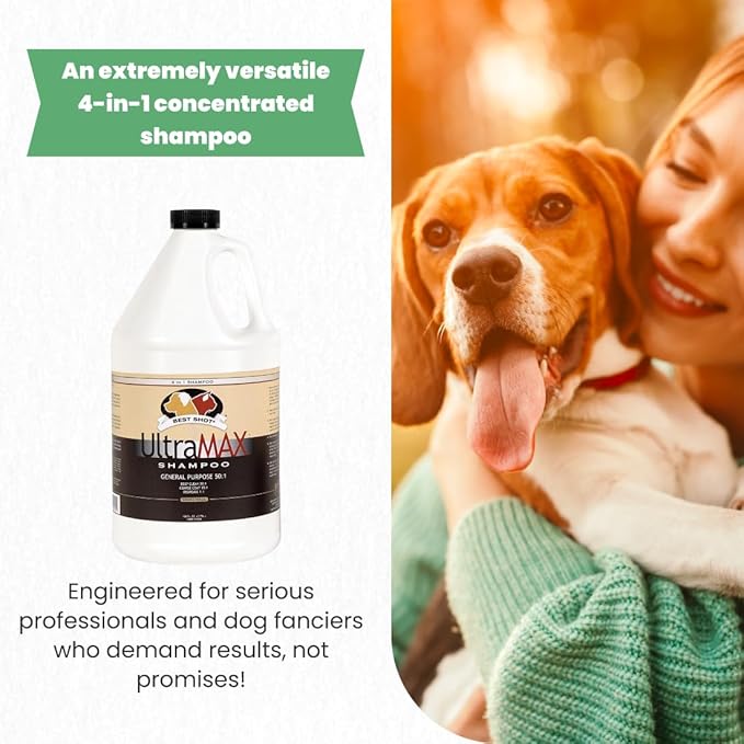 Best Shot UltraMAX Pro 4-in-1 Shampoo, Versatile Pet Shampoo, Ideal Pet Grooming Supplies, Ready to Use, Sweet Pea Essence, 1.1 Gallon