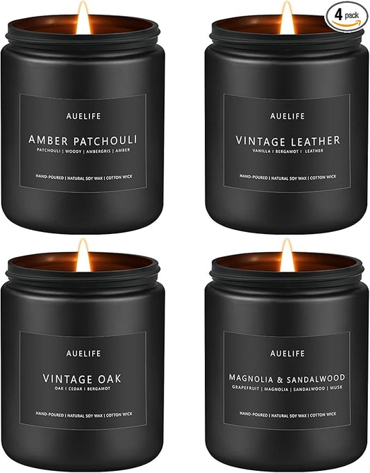 Scented Candles Set | Candle for Men, Soy Candles for Home Scented, Gifts for Men - Mens Gifts, 4 Pack Candle Gift for Dad Fathers Day (Leather/Vintage Oak/Amber Patchouli/Magnolia & Sandalwood)