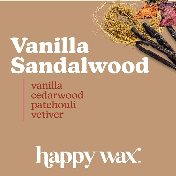 Happy Wax Vanilla Sandalwood All Natural Soy Wax 3 Wick Premium Scented Candle, Infused with Essential Oils, Long Lasting 40+ Hours of Burn Time, Vanilla and Earthy Notes