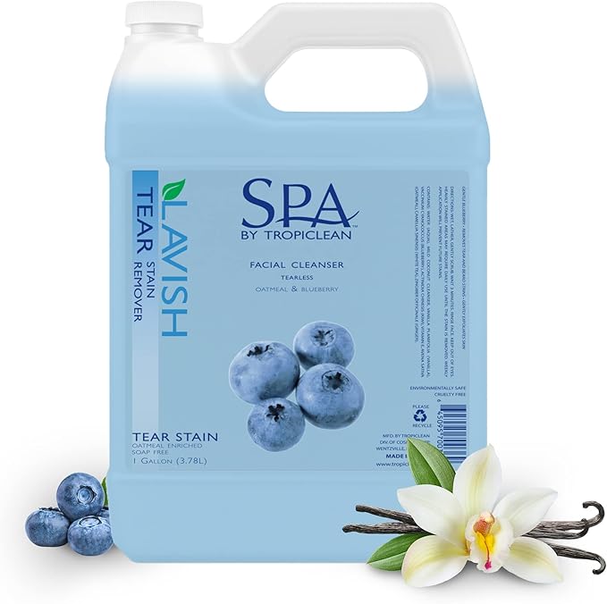 TropiClean SPA Tear Stain Remover for Dogs | Blueberry Facial Shampoo | Odor Eliminator | Tearless | Whitening and Brightening | Made in USA | 1 Gallon
