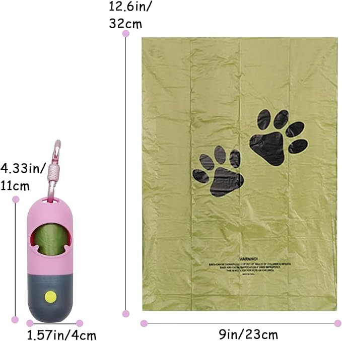 2 Pack Poop Bag Holder with Flashlight Waste Bag Dispenser for Leash with Clip and Battery Poop Bag Dispenser with Green Scented Poop Bags for Dog Walking(Pink,2 Dispenser 60 Bags)