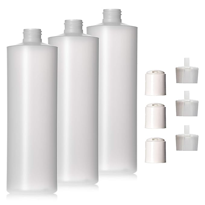16oz Natural Color HDPE Squeeze Bottles with Disc Cap and Squirt Cap (3 Pack) (16oz)