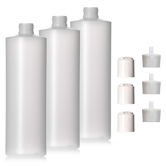 16oz Natural Color HDPE Squeeze Bottles with Disc Cap and Squirt Cap (3 Pack) (16oz)