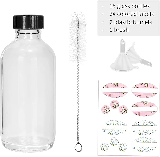 15 Pack Glass Clear Boston Bottles with Black Poly Cone Cap, 4 oz Round Glass Bottle for Essential Oil, Perfume and Liquid, Contains 24 Colored Labels, 2 Funnels, 1 Brush