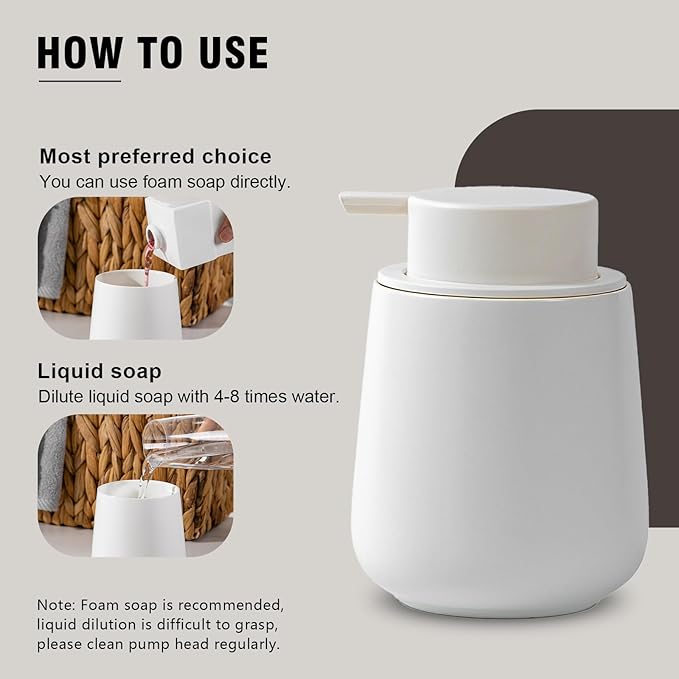 Soap Dispenser, Ceramic Foaming Soap Dispenser with Easy-to-Press Pump for Bathroom (White Foam Dispenser)