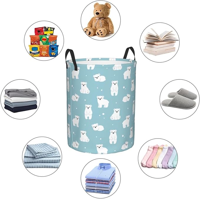 Cute Polar Bears Laundry Hamper Bag With Waterproof Liner - Round Laundry Basket Foldable Clothes Storage Organizer For Bathroom Bedroom Nursery Dorm, M-19.6"X 15.7"