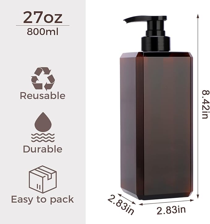 Suream 27oz Bathroom Countertop Soap Dispensers, Plastic Lotion Dispenser, Refillable Cosmetic Pump Dispensers, Square Bathroom Shower Containers for Shampoo, Body Wash, Hand Soap, Oil