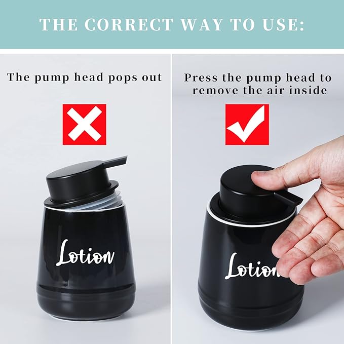 LEETOYI Bathroom Countertop Dispensers Modern Ceramic Soap Lotion Dispenser Bottles, Hand Soap Dispenser for Bathroom, Dish Soap Dispenser for Kitchen, Easy to Press Pump (Black, Labeled Lotion)
