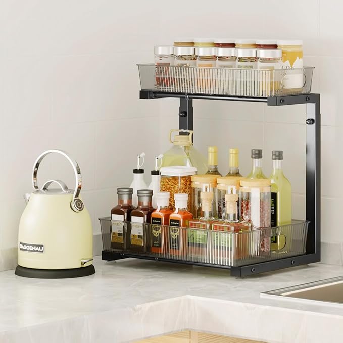 Under Sink Organizer, Under Sink Organizers and Storage with Adjustable Height and PET Basket, Pull Out Under Cabinet Organizer for Counter Kitchen, Vanity, Laundry, Pantry (2Packs, Black)