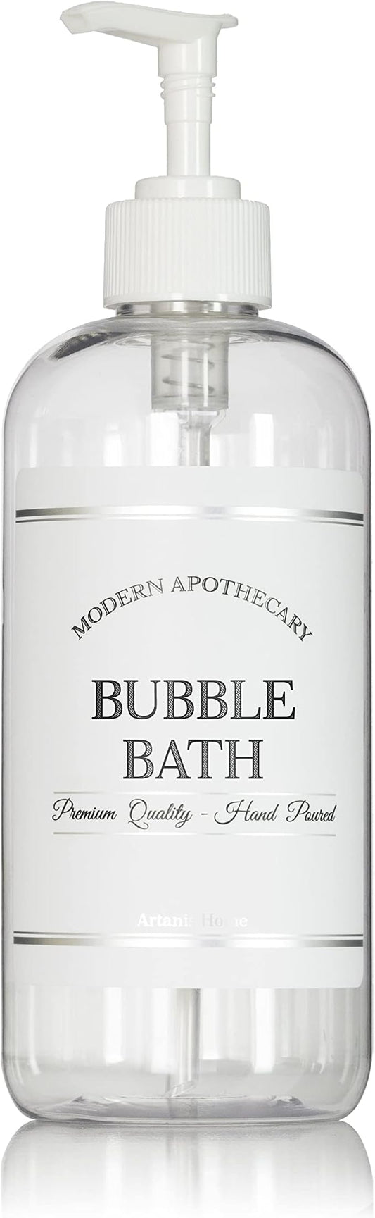 Refillable Clear PET Plastic 16 oz Bubble Bath Bottle with White Plastic Pump Dispenser - Chrome Accent Waterproof Labeled Bottle