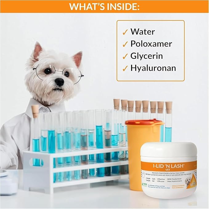 I-LID ’N LASH Vet Dog Eye Wipes - Best Tear Stain Preventer for Dogs (60 Wipes) | Prevents Puppy Tear Stains with Hyaluronan | Cat Eye Wipes for Discharge - No Antibiotics or Harmful Chemicals