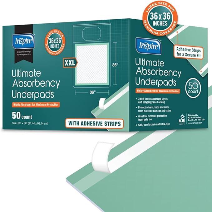 Inspire Super and Ultra Absorbent Disposable Bed Pads, 36" X 36", Pack of 50 with Adhesive, XXL