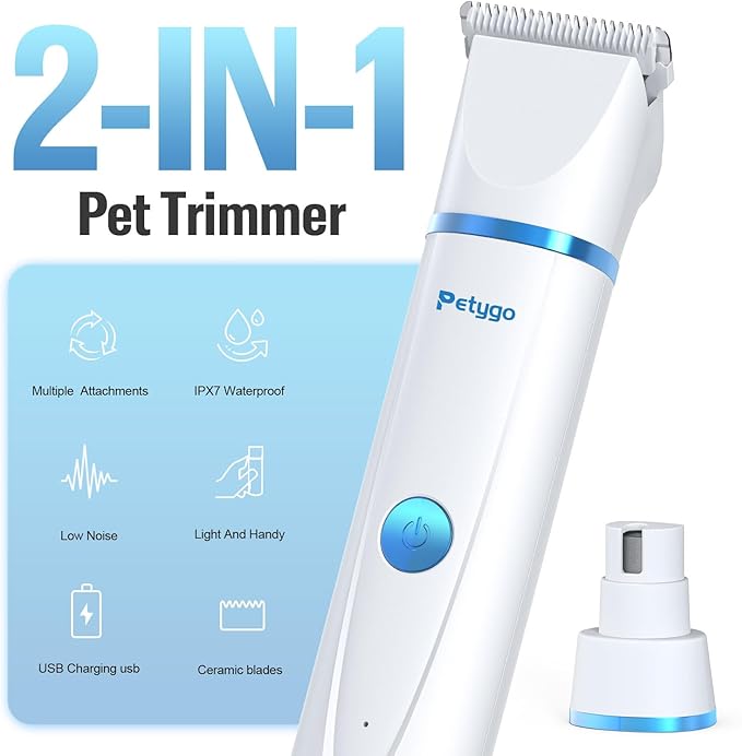 2-in-1 Dog & Cat Grooming Kit - Rechargeable Cordless Pet Hair Clippers with Nail Grinder & Paw Trimmer & 4 Guide Combs, Low Noise Dog Clippers for Grooming Small Medium Pets