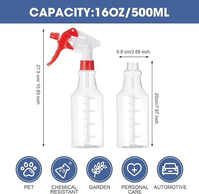10 Pack Spray Bottles 16 oz Empty Water Spray Bottles for Cleaning Heavy Duty Refillable Squirt ‌container with Measurements Adjustable Nozzle for Household(White and Red,Clear Style)