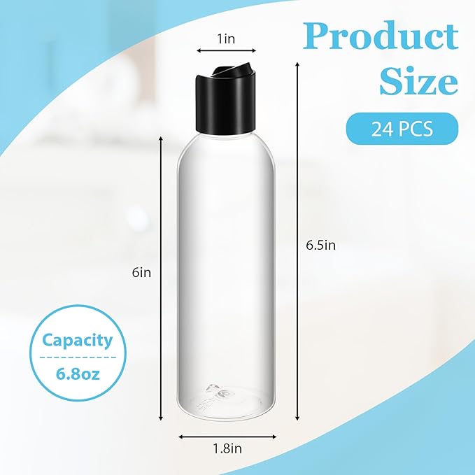 24 Pcs 6.8 oz (200ml) Plastic Empty Bottles Clear PET Refillable Travel Bottles with Disc Top Caps – Leakproof Squeeze Containers for Shampoo, Lotion, Cream & Toiletries