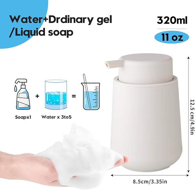 Matte Beige Foaming Hand Soap Dispenser Plastic 11 oz - Modern Minimalist Style for Bathroom & Kitchen Countertop Refillable