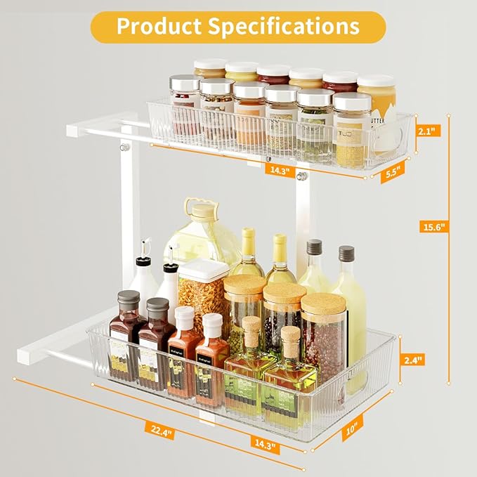 Under Sink Organizer, Under Sink Organizers and Storage with Adjustable Height and PET Basket, Pull Out Under Cabinet Organizer for Counter Kitchen, Vanity, Laundry, Pantry (1Pack, White)