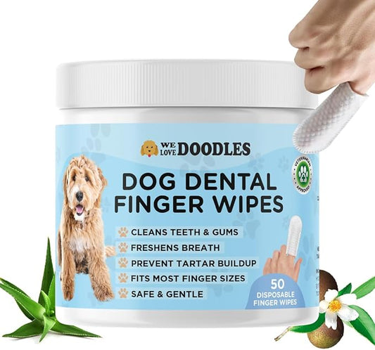 We Love Doodles Dog Teeth Cleaning Wipes - Pet Dental Finger Wipes for Dogs - Cleans Teeth and Gums, Freshens Breath Dog Dental Wipes, Prevents Tartar Buildup, Fits Most Finger Sizes (50 Pieces)