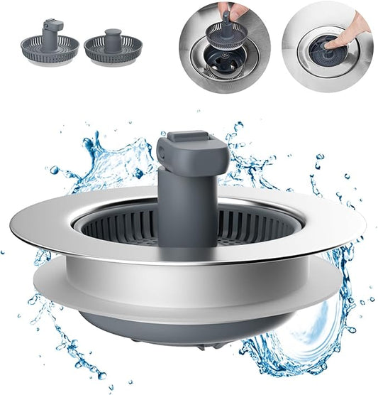 Hibbent 3 in 1 Kitchen Sink Drain Strainer and Stopper Combo, Chrome Stainless Steel Wraped Shell, 3 Anti-Clogging Basket Strainer with Foldable Handle for US Standard 3-1/2" Drain