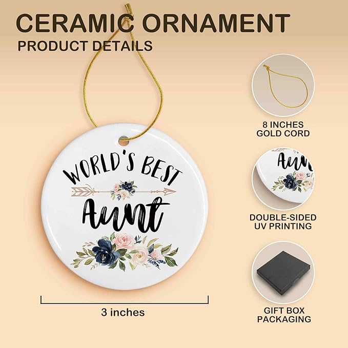 World's Best Aunt Ceramic Ornaments Gifts, Auntie Round Hanging Ornament Decor Decorations for Christmas Tree Car, Thank You Appreciation Gifts for Aunt Birthday Holiday