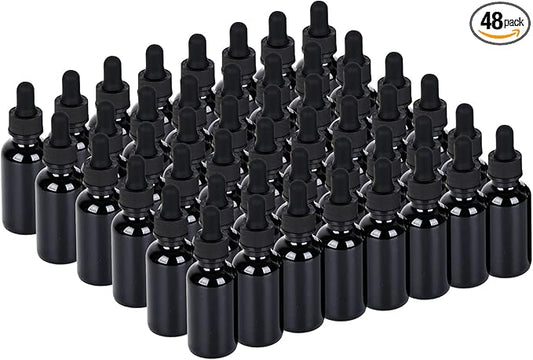 1 oz UV Resistant Dropper Bottle 48 Pack Black Glass Boston Bottles 30ml with Eye Droppers Black Caps for Essential Oils, Perfume, Leak Proof Travel Bottles for Liquids