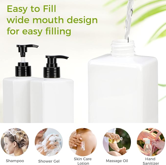 Suream 3Pack Empty Plastic Bottles with Pump, 16.9oz Refillable Shampoo Bottles for Shower, Lotion Press Dispenser, White Countertop Container for Shampoo, Conditioner, Body Soap, Hand Sanitizer, Oil